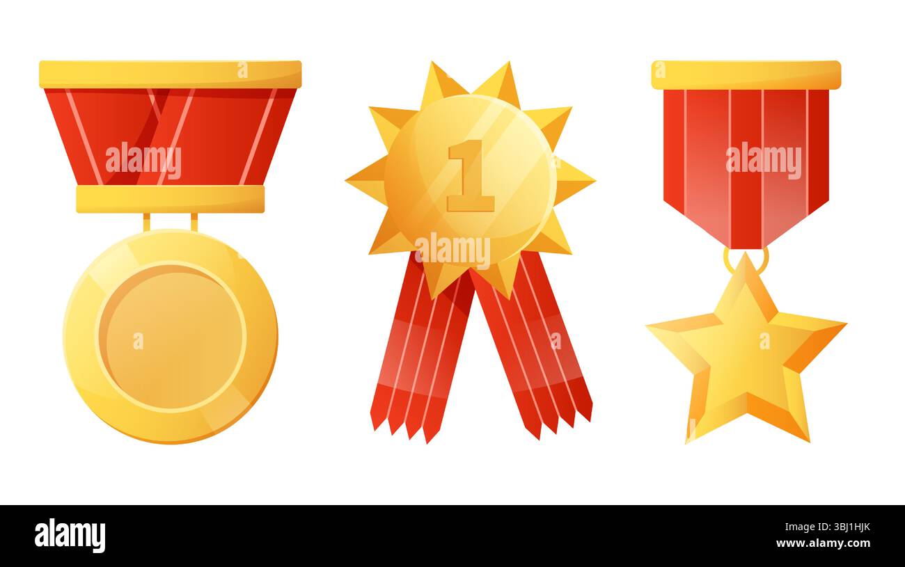 Prix du vainqueur en or. Médailles d'or sur rubans rouges. Prix trophée récompense dans le sport ou la compétition d'affaires. Emblème du certificat de garantie. Qualité supérieure. Illustration isolée de style plat de dessin animé vectoriel Illustration de Vecteur