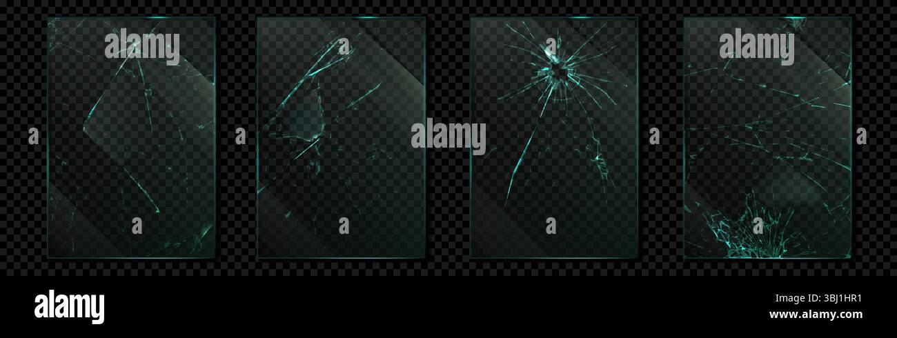 Fissure de verre. Fenêtre cassée. Miroir ou écran de téléphone avec brisures. Effet de rupture ou texture de volet SMASH. Pièce en matière plastique. Surface brillante transparente démolie. Débris du pare-brise. Arrière-plans vectoriels définis Illustration de Vecteur