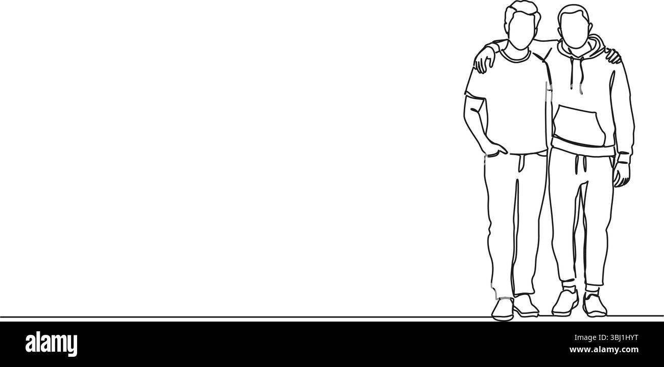 dessin en ligne simple continu de deux amis masculins plaçant les bras autour des épaules des autres, illustration vectorielle d'art au trait Illustration de Vecteur