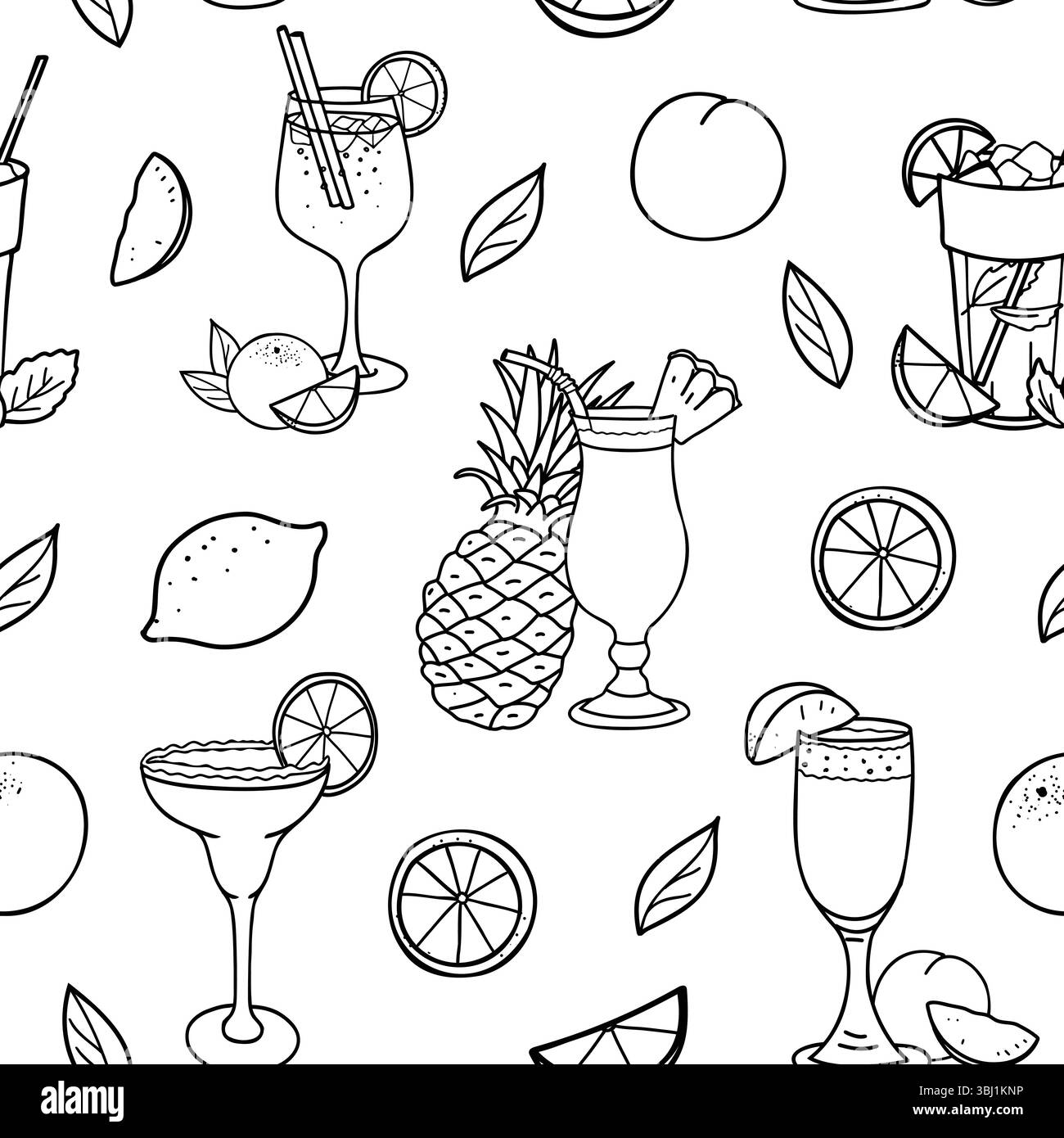 Cocktails d'été et fruits sans couture motif. Aperol Spritz, Mojito, Margarita, Bellini et Pina Colada. Illustration vectorielle graphique dessinée à la main dans Illustration de Vecteur