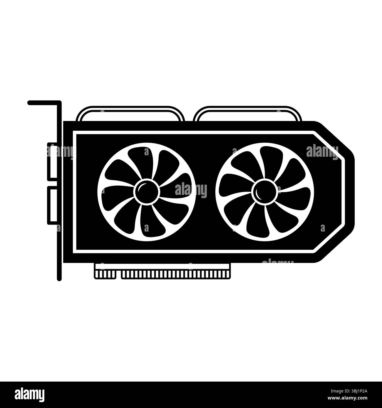 Illustration de la carte graphique avec deux ventilateurs. Vue latérale du GPU, montrant clairement deux grands ventilateurs de refroidissement positionnés sur le panneau avant. Illustration de Vecteur
