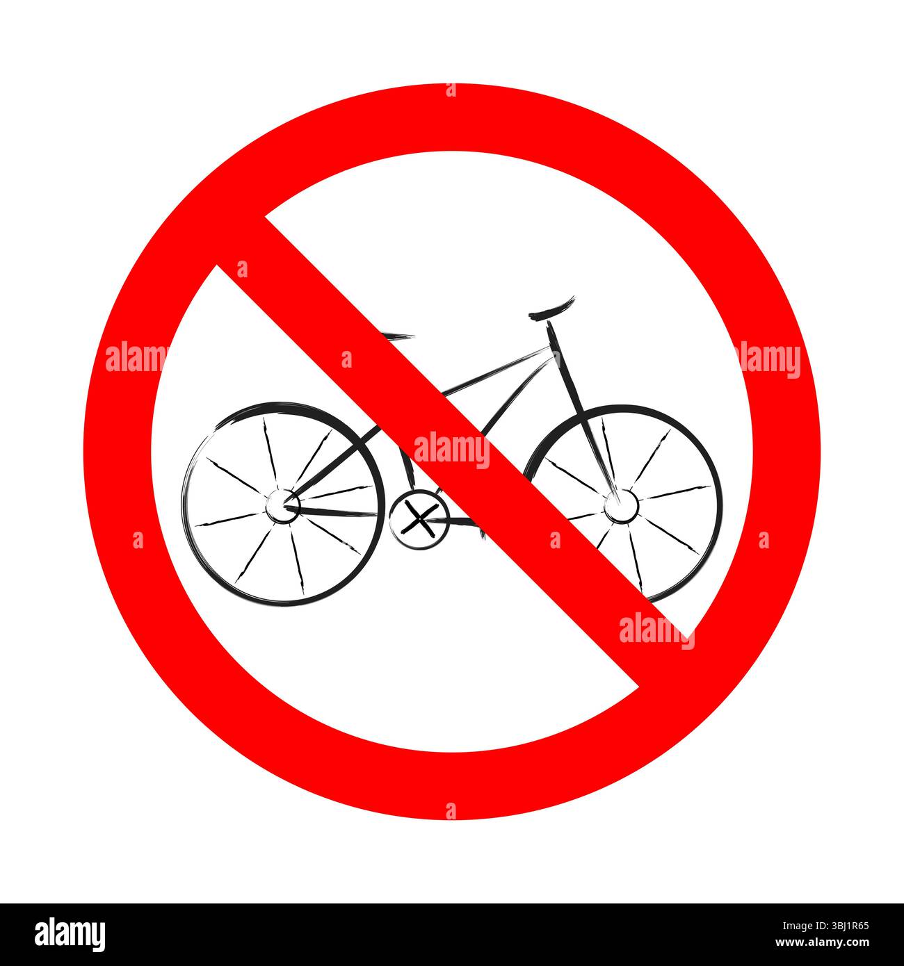Panneau « pas de vélos autorisés ». Illustration audacieuse d'un panneau d'interdiction représentant une bicyclette noire stylisée à l'intérieur d'un cercle rouge avec une barre oblique. Illustration de Vecteur