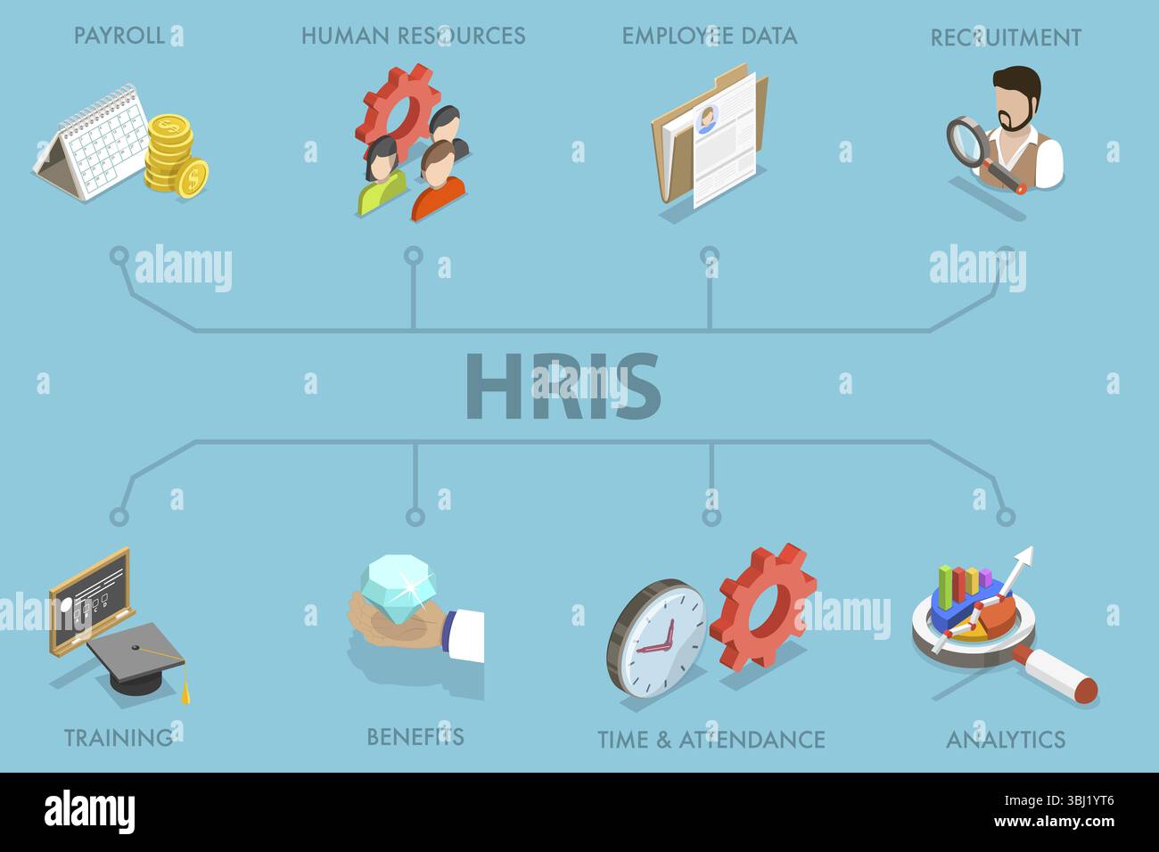 Illustration vectorielle plate isométrique 3D du système de gestion des ressources humaines Banque D'Images