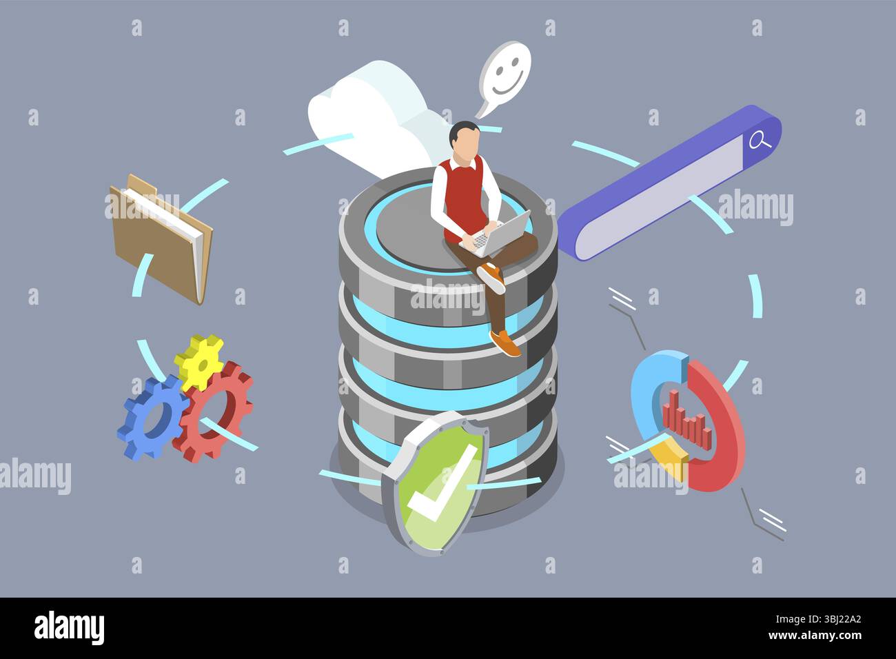 Illustration plate isométrique 3D du serveur de base de données, de la technologie Cloud Computing avec administration de base de données Banque D'Images