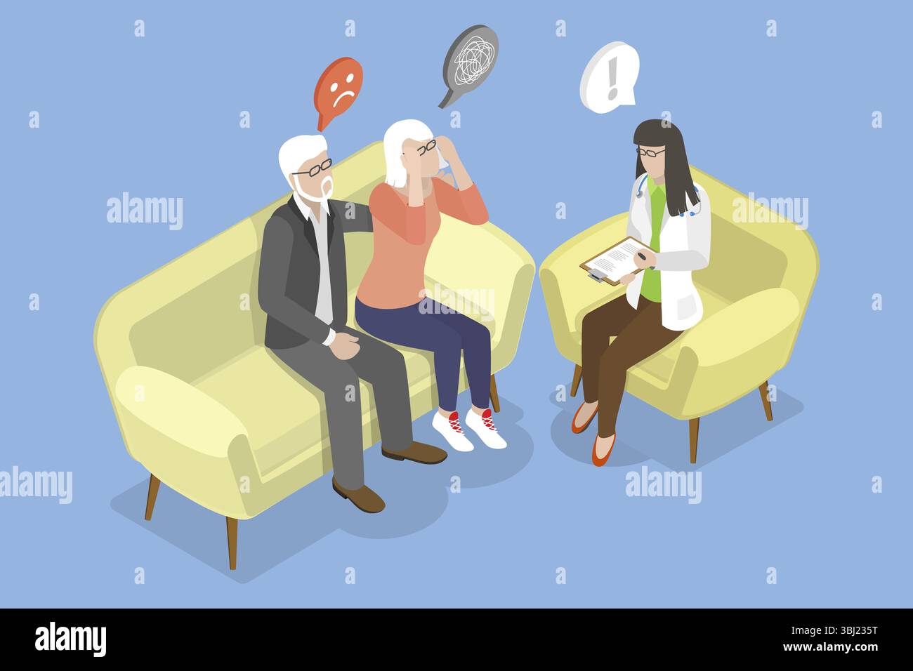 Illustration plate isométrique 3D de la maladie d'Alzheimer, aider la personne âgée avec la perte de mémoire Banque D'Images