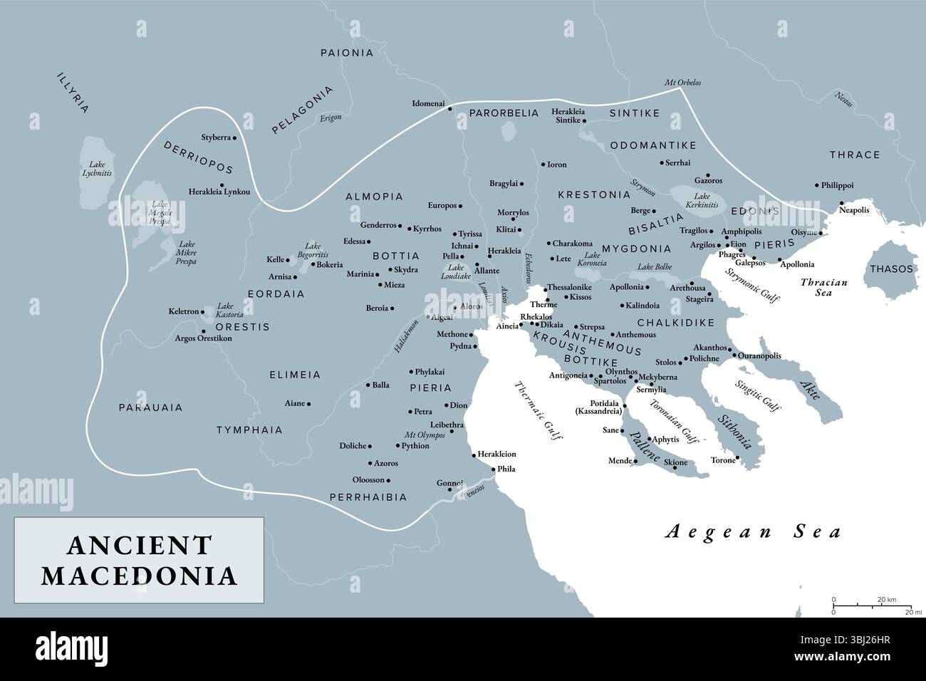 Ancienne Macédoine, Macédoine, carte d'histoire grise avec des limites approximatives avant la conquête romaine. Royaume à la périphérie de la Grèce archaïque et classique. Banque D'Images