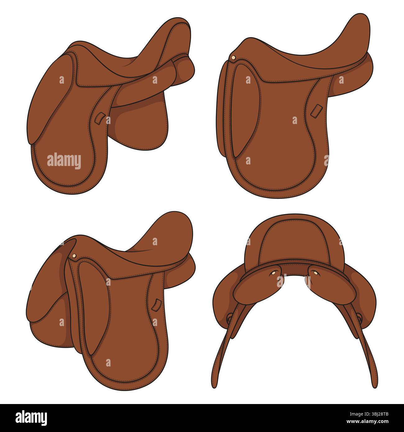 Ensemble d'illustrations en couleur avec selle de cheval brune. Objets vectoriels isolés sur fond blanc. Illustration de Vecteur