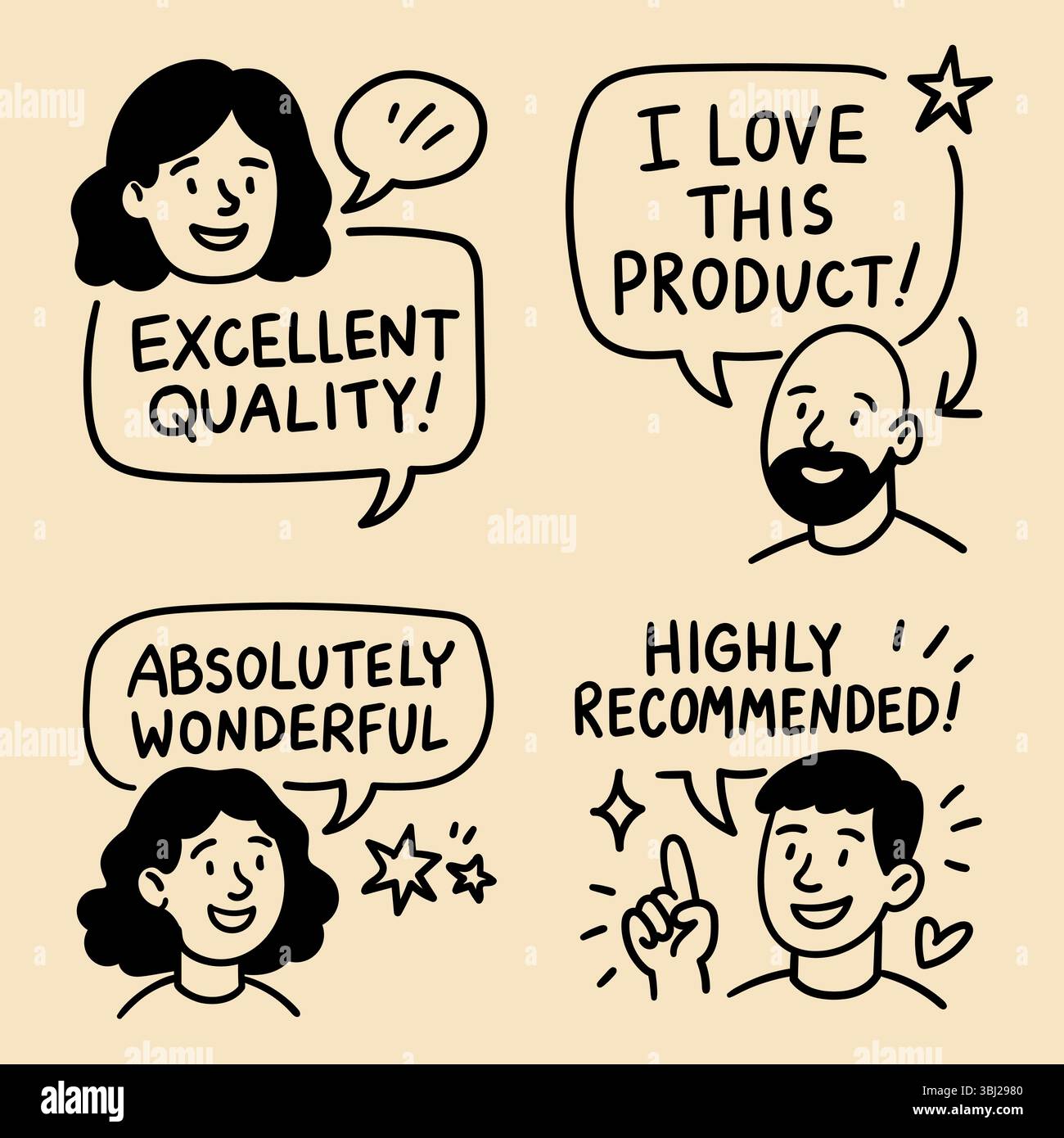 Griffonner les gens avec des bulles de discours et des citations de commentaires positifs. Excellente qualité, j'adore ce produit, absolument merveilleux, fortement recommandé. St. Illustration de Vecteur