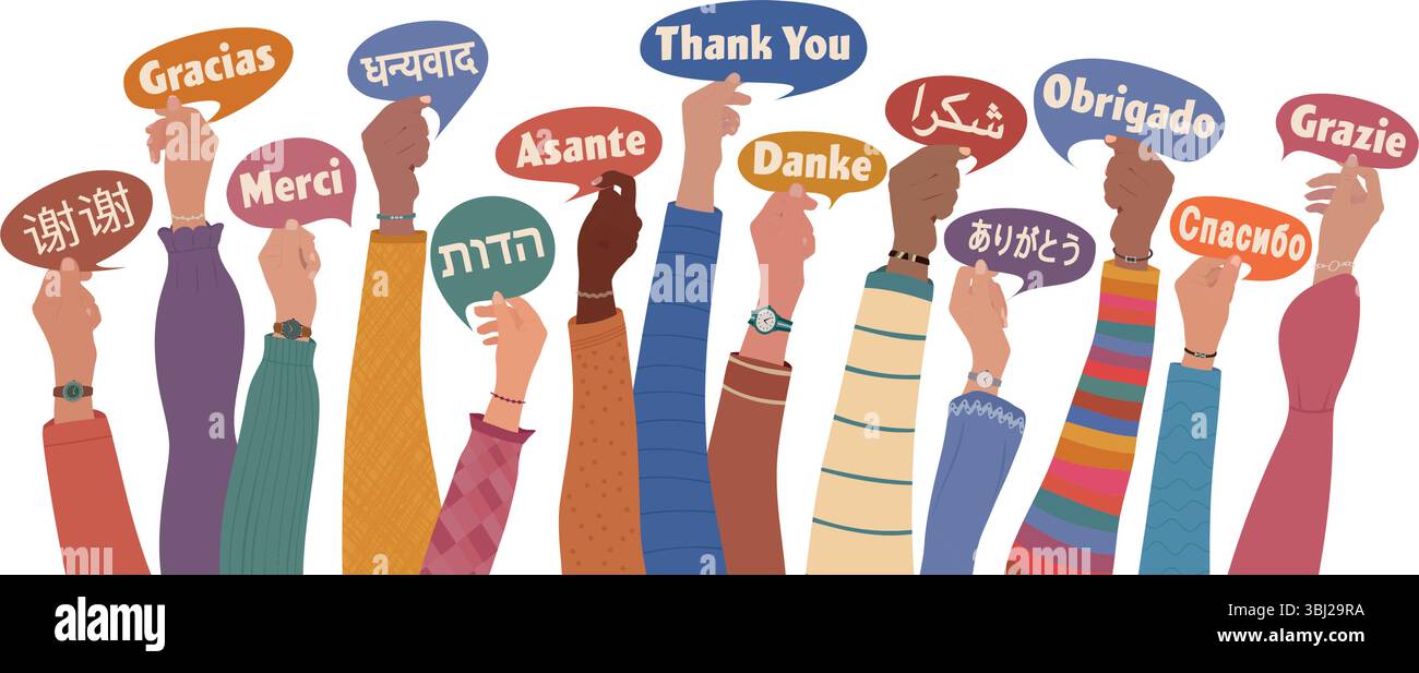 Mains levées de personnes multiculturelles de différentes Nations et continents tenant des bulles de discours avec texte MERCI dans divers languag international Illustration de Vecteur