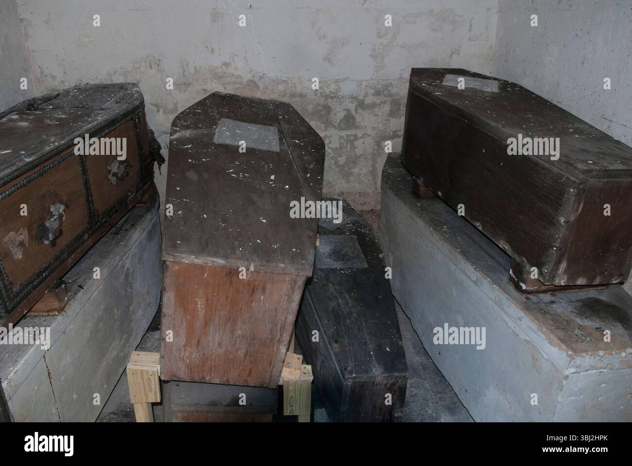 Cercueils dans une vieille voûte familiale. L’intérieur de la tombe Gibson, le caveau familial est ouvert chaque année et inspecté une partie du legs à l’église St Nicholas, Sutton. Sutton, Surrey, Angleterre 12 août 2016 2010s Royaume-Uni HOMER SYKES Banque D'Images