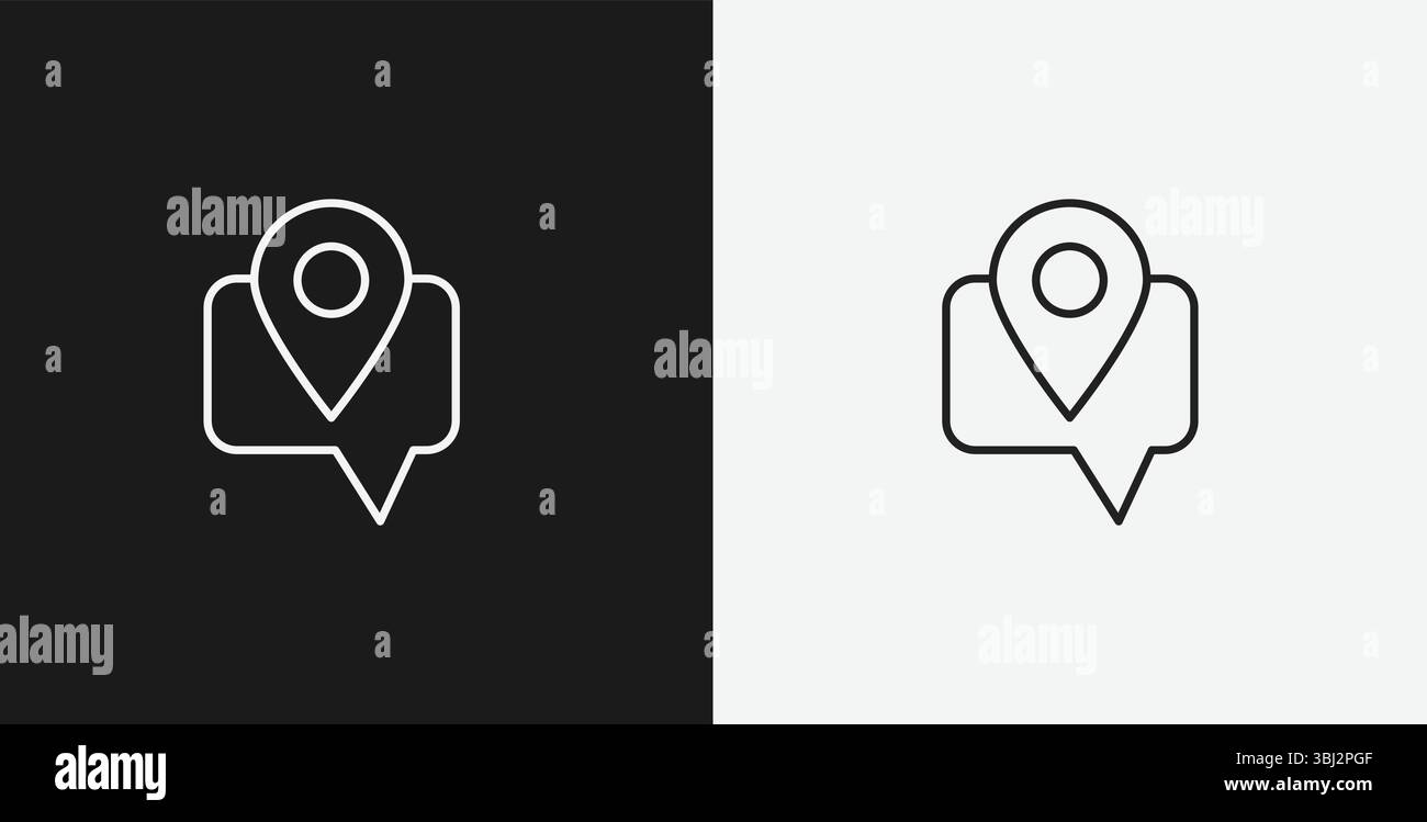 Épingle de carte à l'intérieur d'une bulle de parole sur fond noir et blanc, représentant l'emplacement, la navigation ou le géolocalisation, icône de contour blanc Illustration de Vecteur
