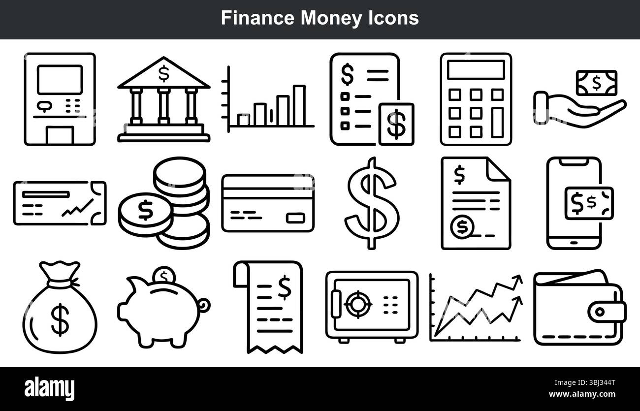 Icônes d'argent financier Black Line Art Illustration de Vecteur