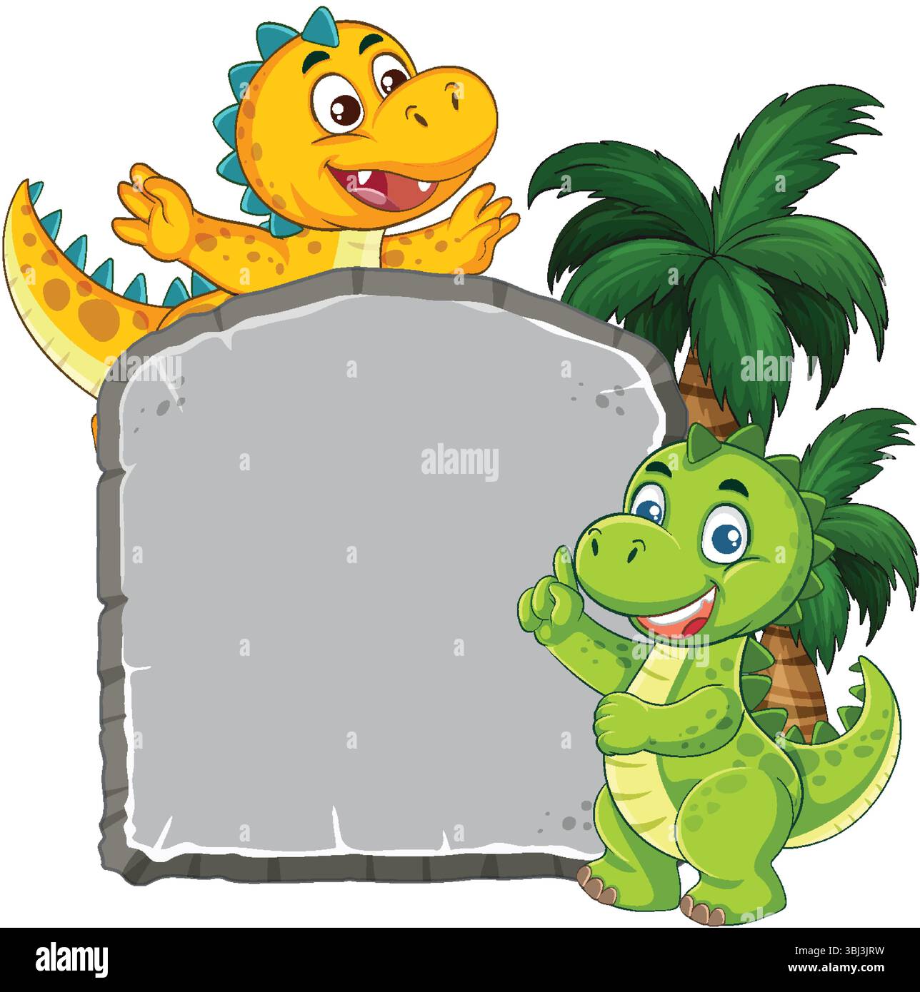 Illustration vectorielle colorée de deux dinosaures de dessins animés avec des palmiers et une tablette en pierre, idéale pour le contenu des enfants Illustration de Vecteur
