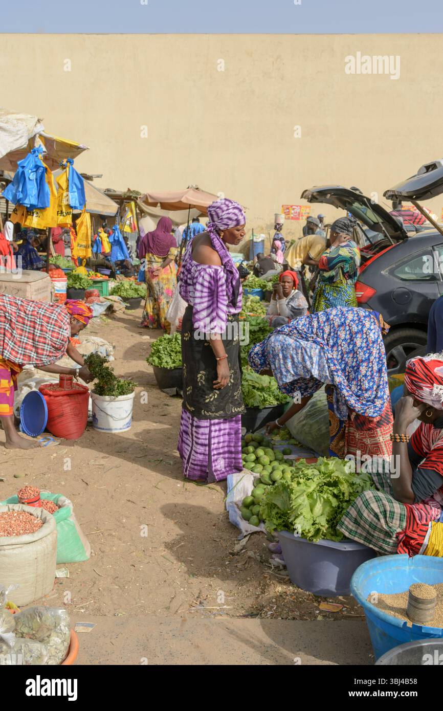 Les Sénégalais locaux se rassemblent au marché alimentaire quotidien de Mbour, petite Côte, région de Thiès, Sénégal, Afrique de l'Ouest Banque D'Images