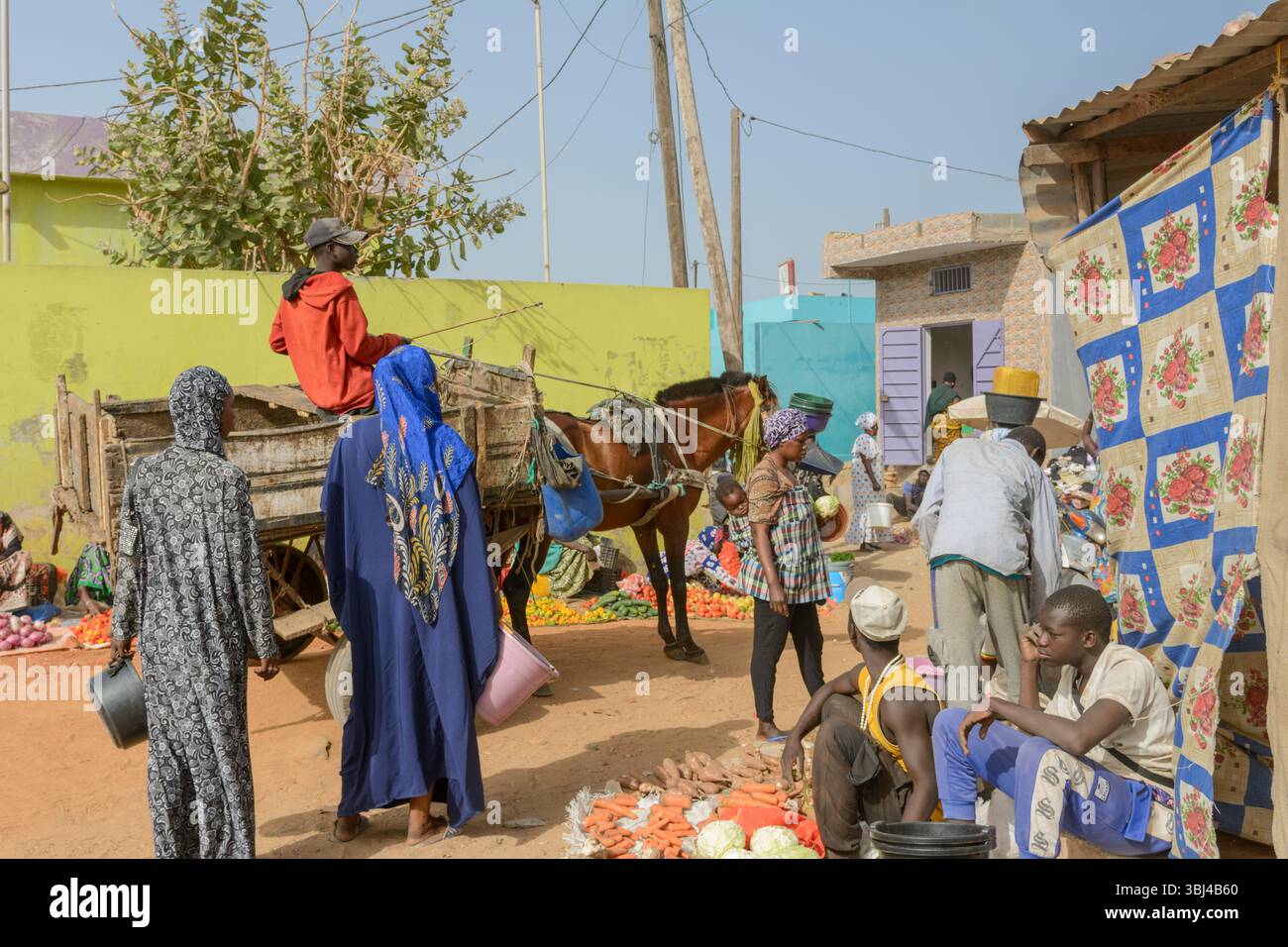 Les Sénégalais locaux se rassemblent au marché alimentaire quotidien de Mbour, petite Côte, région de Thiès, Sénégal, Afrique de l'Ouest Banque D'Images