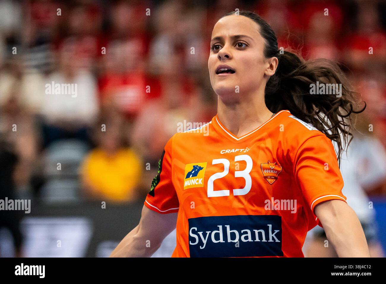 Odense, Danemark. 12 juin 2025. Elma Halilcevic (23 ans) d'Odense Handball vu lors du match de Kvindeliga entre Odense Handball et Team Esbjerg à Sydbank Arena à Odense. Banque D'Images