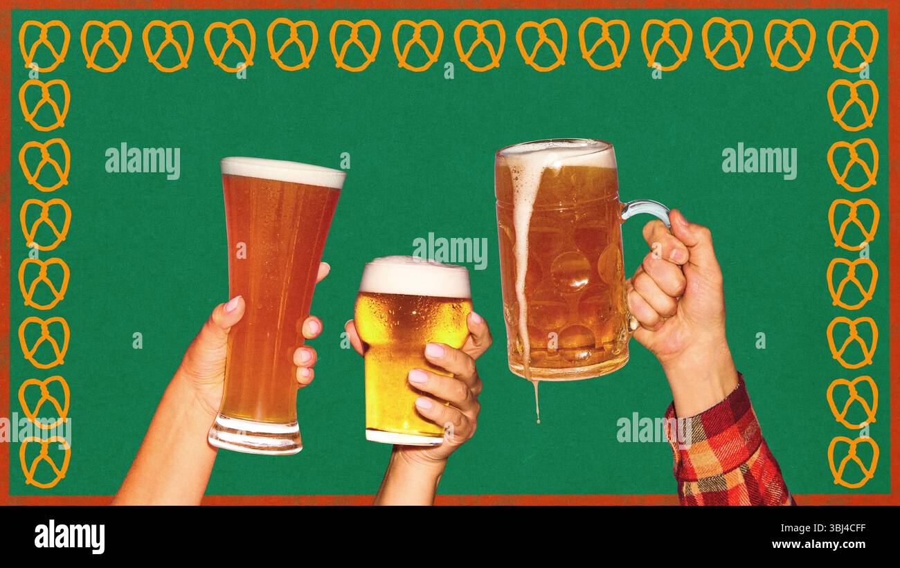 Trois mains lèvent différents verres à bière dans un geste de célébration avec cadre de bretzel sur fond vert vibrant. Collage d'art conceptuel. Flat folk Banque D'Images