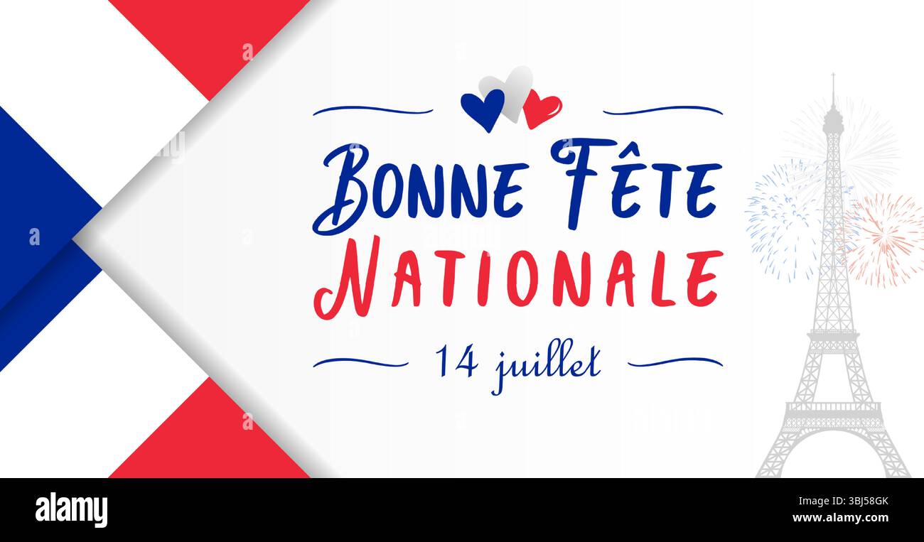 Bonne fête nationale le 14 juillet carte de voeux française. Affiche de vacances avec drapeau de France cadre 3D et typographie créative. Design de toile de fond. Icône graphique Illustration de Vecteur