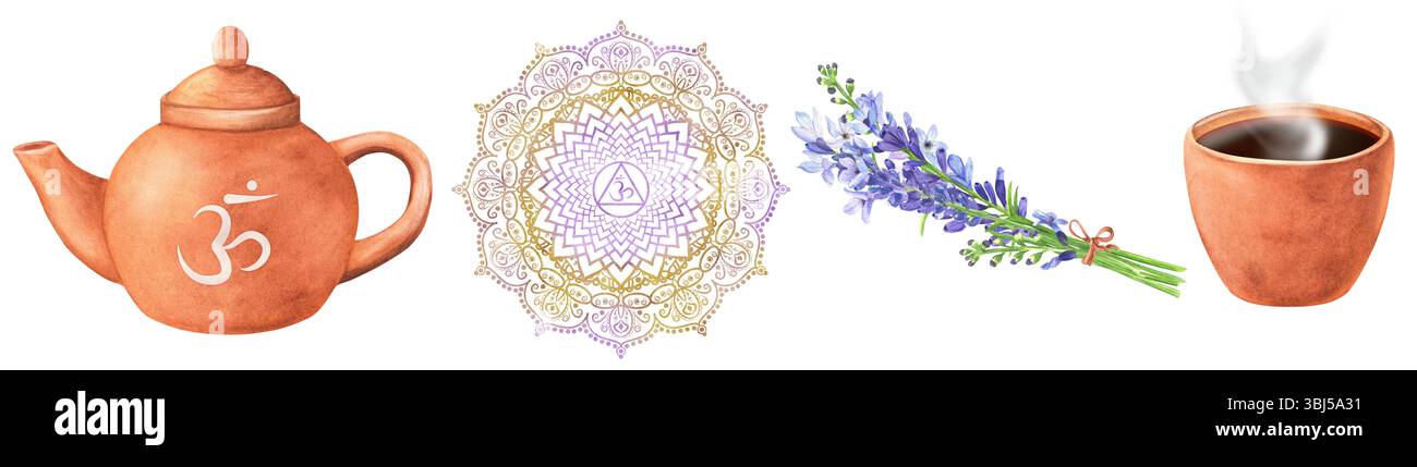 Un faisceau de cliparts d'aquarelle sur le thème du chakra couronne de l'équilibre. Théière en terre cuite, une tasse de thé chaud, bouquet de lavande, un Sahasrara lilas doré Banque D'Images