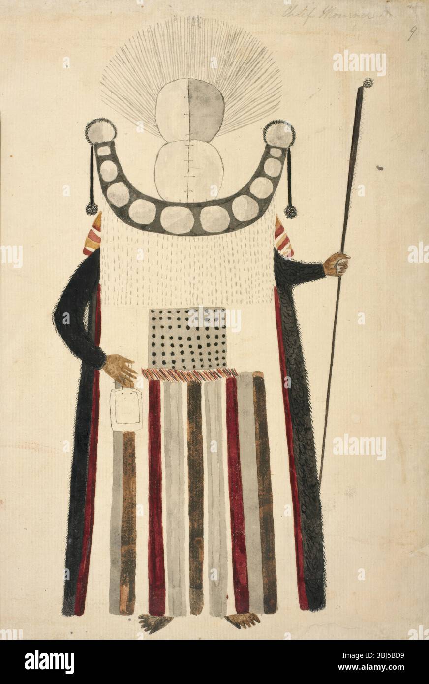 Un chef Mourner de Tahiti, 1769. D'après DES DESSINS, à l'encre de Inde, illustrant le premier voyage du capitaine Cook, 1768-1770, principalement liés à Otaheite et à la Nouvelle-Zélande, par A. Buchan, John F. Miller, et d'autres. [Juin-août 1769] Banque D'Images