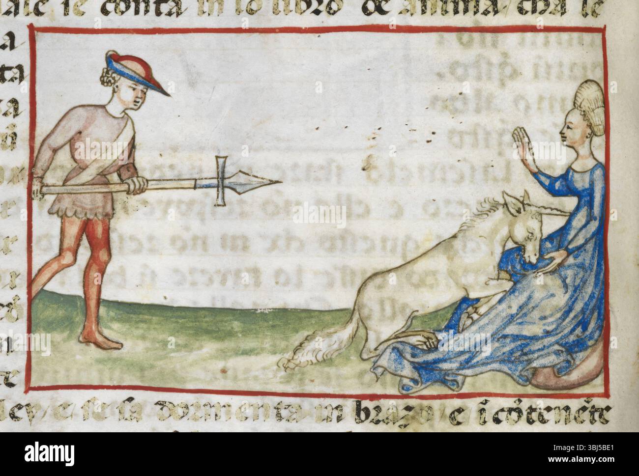 Détail d'un dessin teinté d'une femme protégeant une licorne, 2e quart 15e siècle. De flore de virtu e de costumi (fleurs de vertu et de coutume) [N Italie (Padoue ?), 2ème quart du 15ème siècle] Banque D'Images