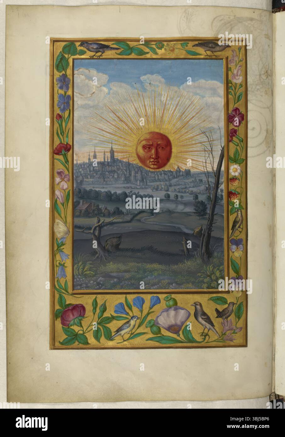 Le Soleil à visage humain, 1582. Illustration du Cinquième Traité : le Soleil à visage humain se lève au-dessus d'une ville sombre et d'un paysage de campagne ; bordures décorées d'oiseaux et de fleurs. De Splendor Solis (la splendeur du Soleil), texte alchimique illuminé. Banque D'Images