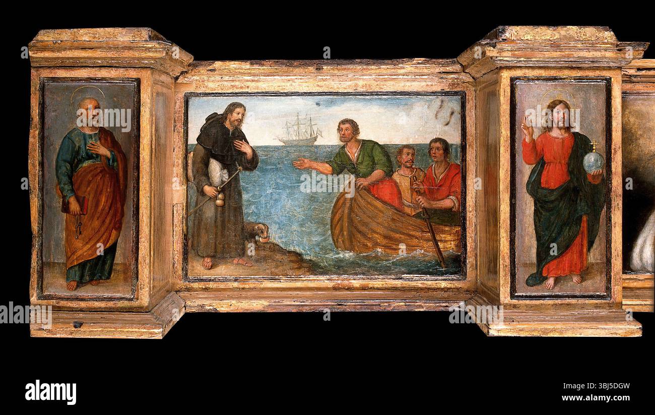 Prédelle avec trois scènes de Saint Roch, et des figures de Saint Pierre, Christ comme Salvator Mundi, Saint Laurence et Saint Paul, entre 1580 ? et 1620 ?. Banque D'Images