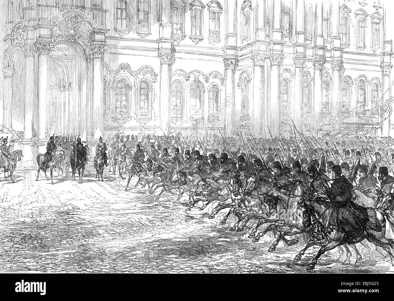 Fêtes de mariage à Saint-Pétersbourg : revue devant l'empereur, le prince de Galles et le prince héritier de Prusse, 1874. Célébrations pour le mariage royal de la grande-duchesse Maria Alexandrovna de Russie, et Alfred, Duc de Saxe-Cobourg et Gotha, fils de la reine Victoria. Notre artiste spécial, qui était à Pétersbourg pour assister aux cérémonies et festivités du mariage du duc d'Édimbourg avec la grande-duchesse Marie, a fourni un croquis de la revue ou du défilé des troupes russes devant le Palais d'hiver, le 26 janvier. L'Empereur de Russie, le Tcharewitch, le Prince de Wale Banque D'Images