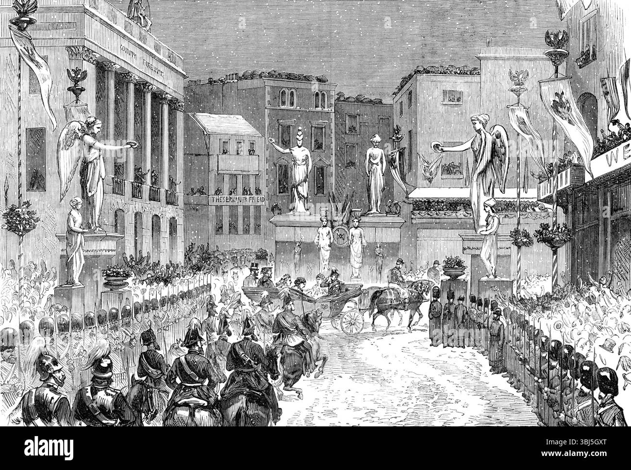 L'entrée royale à Londres : la procession au pied de Regent-Street, 1874. Alfred, Duc de Saxe-Cobourg et Gotha, avec sa nouvelle épouse, la Grande-Duchesse Maria Alexandrovna de Russie, traversent la capitale. 'Regent-Street semblait soucieux d'expier son état inachevé par son accueil chaleureux des visiteurs royaux, les fenêtres étant étroitement emballées. L'enthousiasme, cependant, peut être dit pour avoir atteint son apogée lorsque la calèche royale est venue en face du n ° 74, où un balcon rempli d'enfants aux couleurs des deux Nations jetait des bouquets dans la chaussée, et des fenêtres o Banque D'Images
