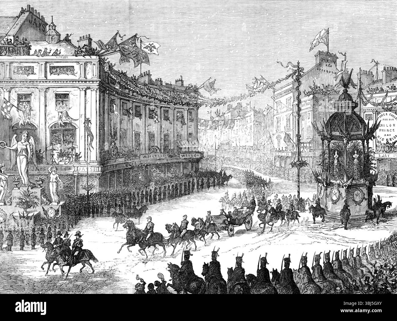 The Royal Entry into London : The procession in Oxford-Circus, 1874. Alfred, Duc de Saxe-Cobourg et Gotha, avec sa nouvelle épouse, la Grande-Duchesse Maria Alexandrovna de Russie, traversent la capitale. La Reine [ie la Reine Victoria], avec le duc et la duchesse et les autres personnages royaux, est entrée dans des calèches à Paddington, et a roulé régulièrement sur Edgware-Road, Oxford-Street, Regent-Street, Waterloo-place, devant Charing-cross, en passant par les Horse Guards, le long du Mall, jusqu'au palais de Buckingham, la route étant bordée de troupes... Oxford-Street semblait avoir dépensé beaucoup de son enthousiasme Banque D'Images