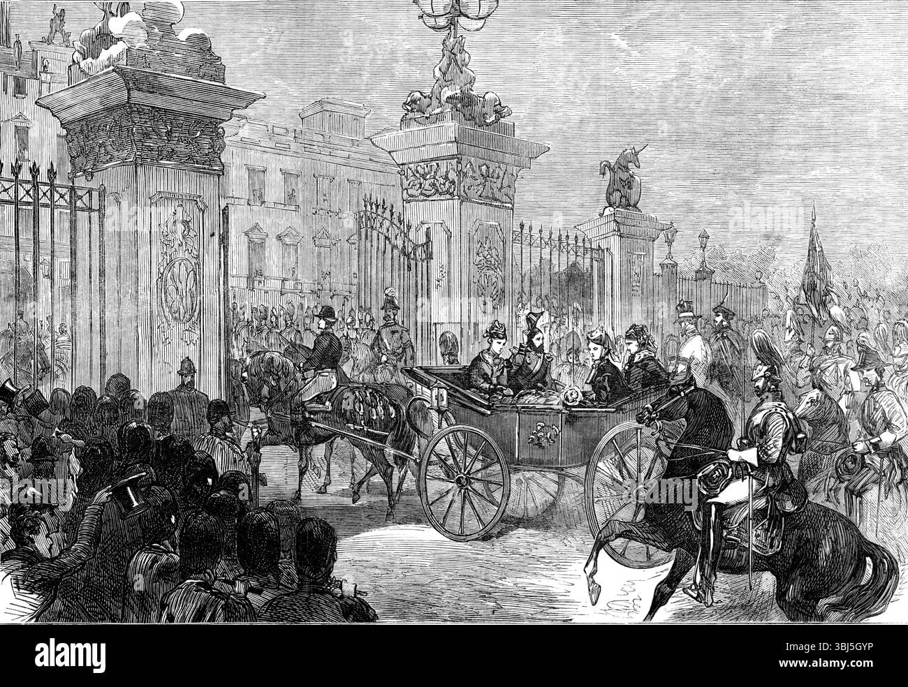 L'entrée royale à Londres : la procession au palais de Buckingham, 1874. Alfred, Duc de Saxe-Cobourg et Gotha, avec sa nouvelle épouse, la Grande-Duchesse Maria Alexandrovna de Russie, traversent la capitale. La Reine, avec le duc et la duchesse et les autres personnages royaux... conduisit régulièrement sur Edgware-Road, Oxford-Street, Regent-Street, Waterloo-place, devant Charing-cross, en passant par les Horse Guards, le long du Mall, jusqu'au palais de Buckingham, la route étant bordée de troupes... Une volée d'acclamations a accompagné le cortège jusqu'aux portes du palais... À la porte elle-même, le throng était très dense Banque D'Images