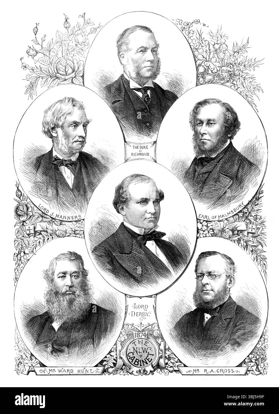 Le nouveau Cabinet, 1874. Politiciens britanniques. « Le duc de Richmond ; Lord J. Manners ; Comte de Malmesbury ; Lord Derby ; M.R. Ward Hunt ; Mr. R. A. Cross'. Tiré de "Illustrated London News", 1874. Banque D'Images