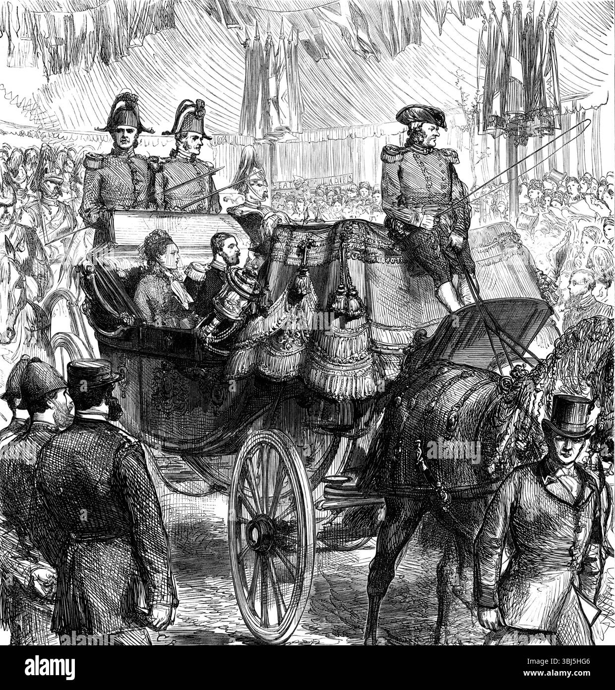 Le duc et la duchesse d'Édimbourg ouvrent le quai de la Tamise de Chelsea en 1874. Leurs Altesses Royales le Duc et la Duchesse d'Édimbourg, samedi après-midi, ont ouvert la nouvelle partie du quai et de l'esplanade de la Tamise, des jardins de l'hôpital de Chelsea au pont de Battersea. Nous avons décrit et illustré à maintes reprises ce travail utile d'amélioration de Londres. Il a été commencé en août 1871, par ordre du Metropolitan Board of Works. L'entrepreneur, Mr. T. Webster, a exécuté sa tâche, pour un coût de &#xa3 ;134,000, à partir des dessins de Sir J. W. Bazalgette... le duc d'Édimbourg portait son n Banque D'Images