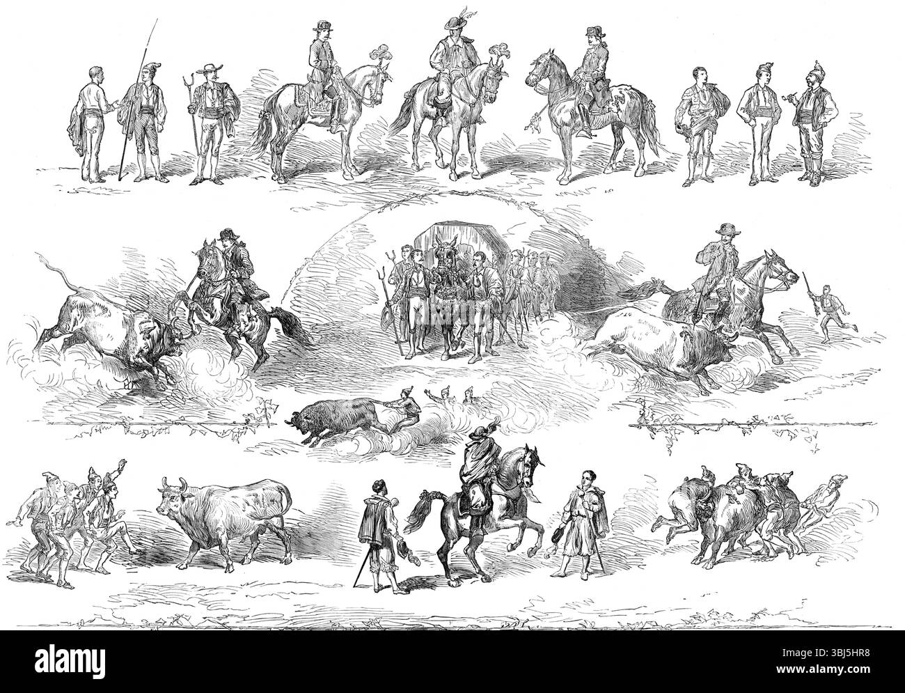 Les interprètes dans la bataille de taureaux à Lisbonne, 1874. 'Au centre de la page est montré le début de la mule azemola, chargé de petites fléchettes et de drapeaux pour être coincé dans le pauvre taureau. À droite et à gauche de ceci, nous voyons une rencontre entre un taureau et un cavalleiro, qui échappe à l'apparition du taureau et pousse sa légère lance dans le cou de la bête. Ayant fait cela, il doit casser le manche, afin de laisser le point et le drapeau, à noter à son actif sur le score de ce jeu cruel...à gauche, une foule de Moç ;os taquinent le taureau pour provoquer sa rage. À droite, nous les voyons en t Banque D'Images
