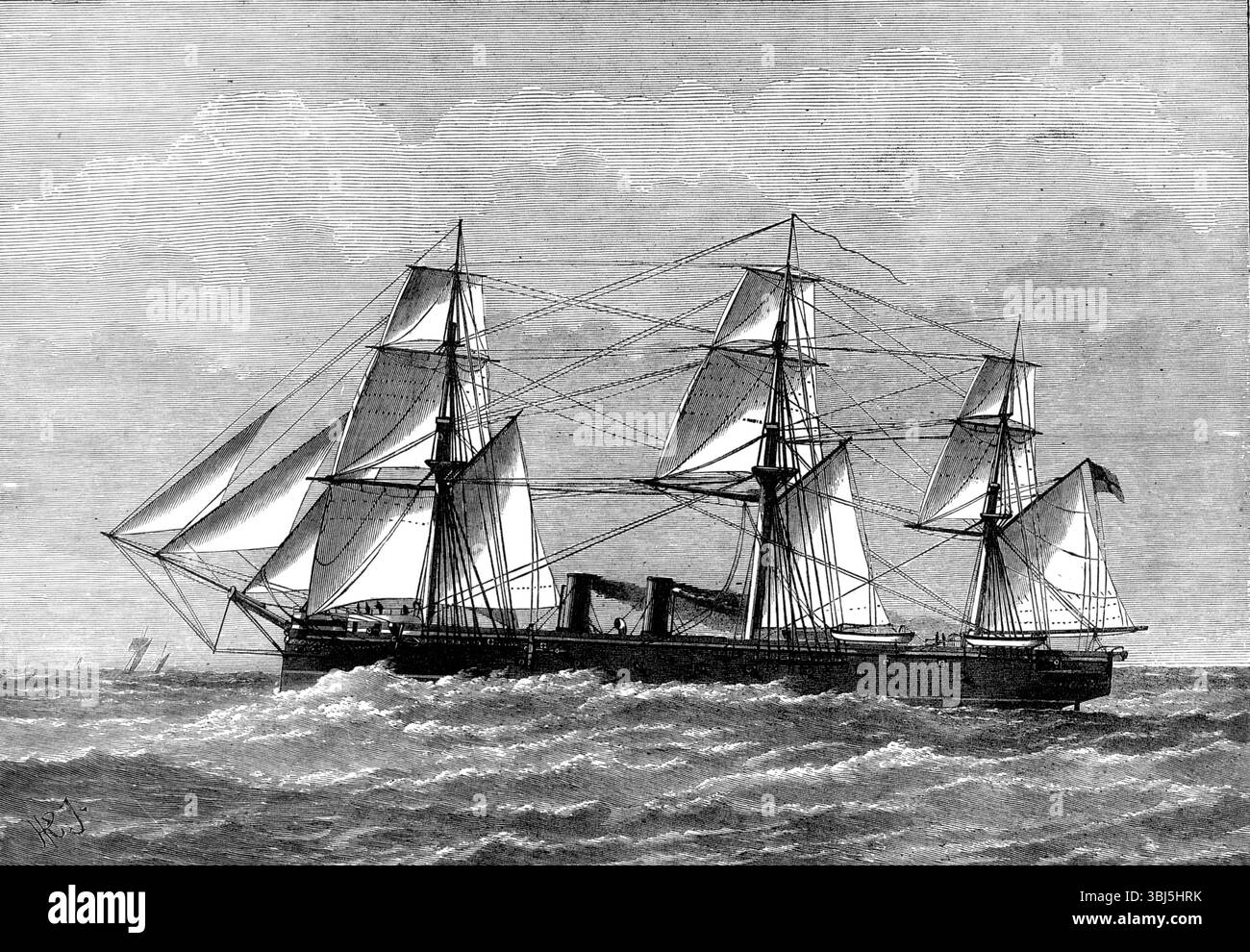 H.M.S. Raleigh, 1874. 'Le navire est construit avec des cadres transversaux en fer, et avec une peau de fer complète, un demi-pouce d'épaisseur, sur tout son corps... le fond est finalement gainé de cuivre, de la même manière qu'un navire en bois... les moteurs, par Messr Humphreys, sont horizontaux, non composés, de puissance nominale de 800 chevaux, avec des condenseurs de surface... il y a huit chaudières tubulaires, contenant au total 5500 tubes en laiton, équipés de surchauffeurs pour sécher la vapeur. Ceux-ci sont chauffés par trente-deux fours... L'armement se compose, sur le pont principal, de deux canons de chasse de 64 livres et quatorze canons de 7 pouces Banque D'Images