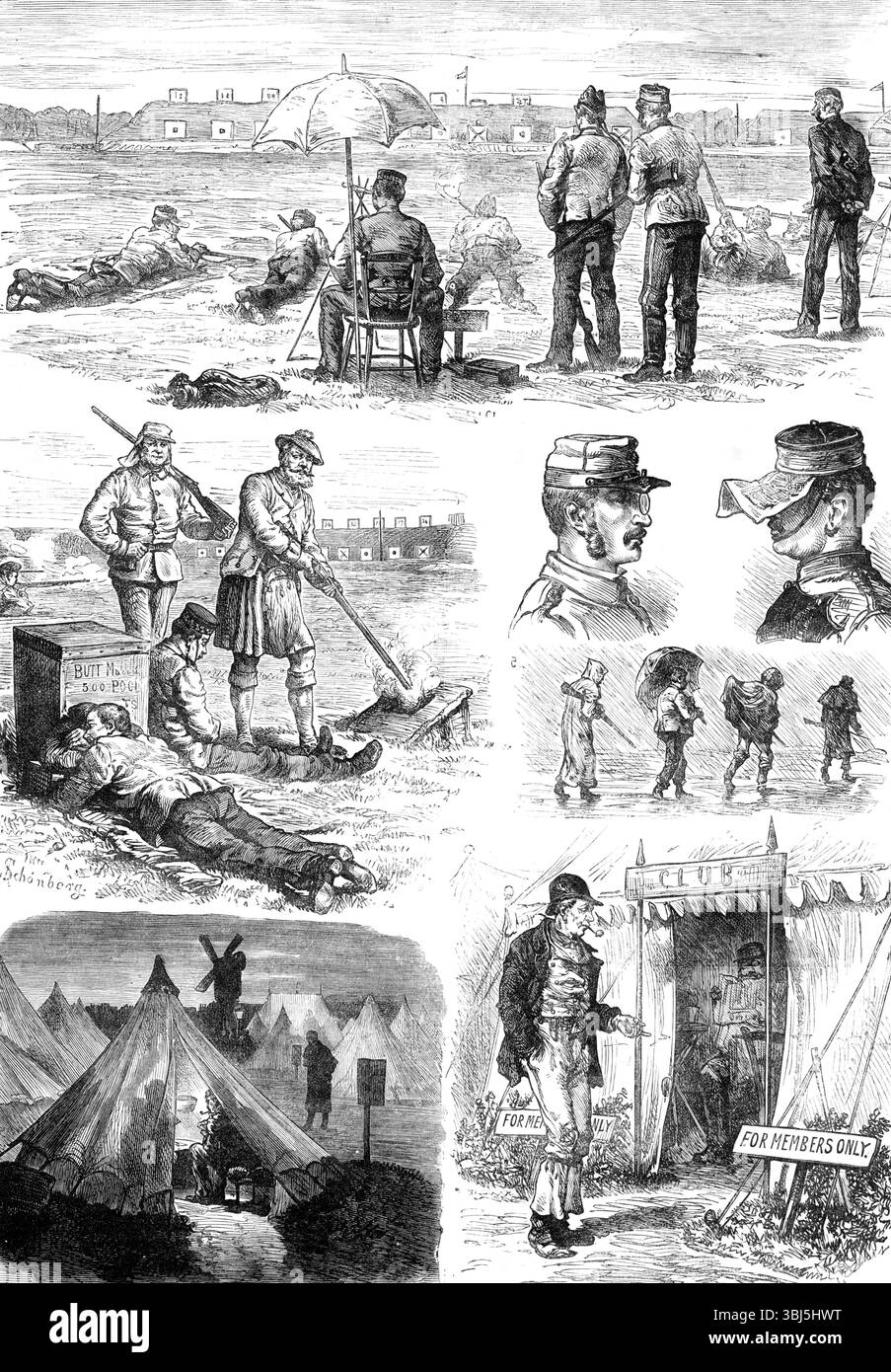 Croquis lors de la réunion de fusil de Wimbledon, 1881. 'Tir sur les crosses ; 2 et 3. Casquettes et viseurs améliorés ; 4. Repose-toi au milieu des fusils ; 5. À garder au sec ; 6. Pas membre du Club ; 7. Heure calme du soir... les positions de tir des tireurs concurrents, bien que recommandées pour la stabilité dans la visée et le tir du fusil, n'ont pas une apparence très militaire pour le spectateur peu habitué. Mais ils pourraient éventuellement être adoptés par une escarmouche d'infanterie légère, dans la guerre réelle, sans les accessoires des crosses ou des cibles, et des arbitres et officier d'enregistrement, confortablement assis sous les siens Banque D'Images