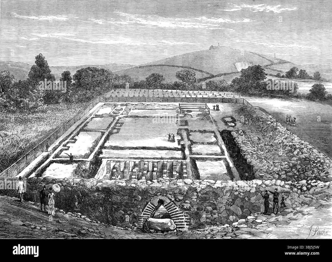 Fouilles à la Villa romaine, Brading, île de Wight : Well-House, hypocaust, and Basilica, 1881. 'parmi les chambres récemment dégagées est une d'un intérêt considérable. Il a été réchauffé par un hypocauste, dont les indications restent... il contient cinquante-quatre piliers de tuiles, disposés sur un sol de pavés bruts. Une grande tuile est placée sur le sol, pour porter les autres, qui sont de 8 pouces carrés, et 1 pouce d'épaisseur, avec des joints de mortier d'épaisseur égale. Ces piliers sont 2 pieds 6 pouces de hauteur, et chacun se compose d'environ treize tuiles. Sur le côté est du mur sont deux tuiles de cheminée, i. Banque D'Images