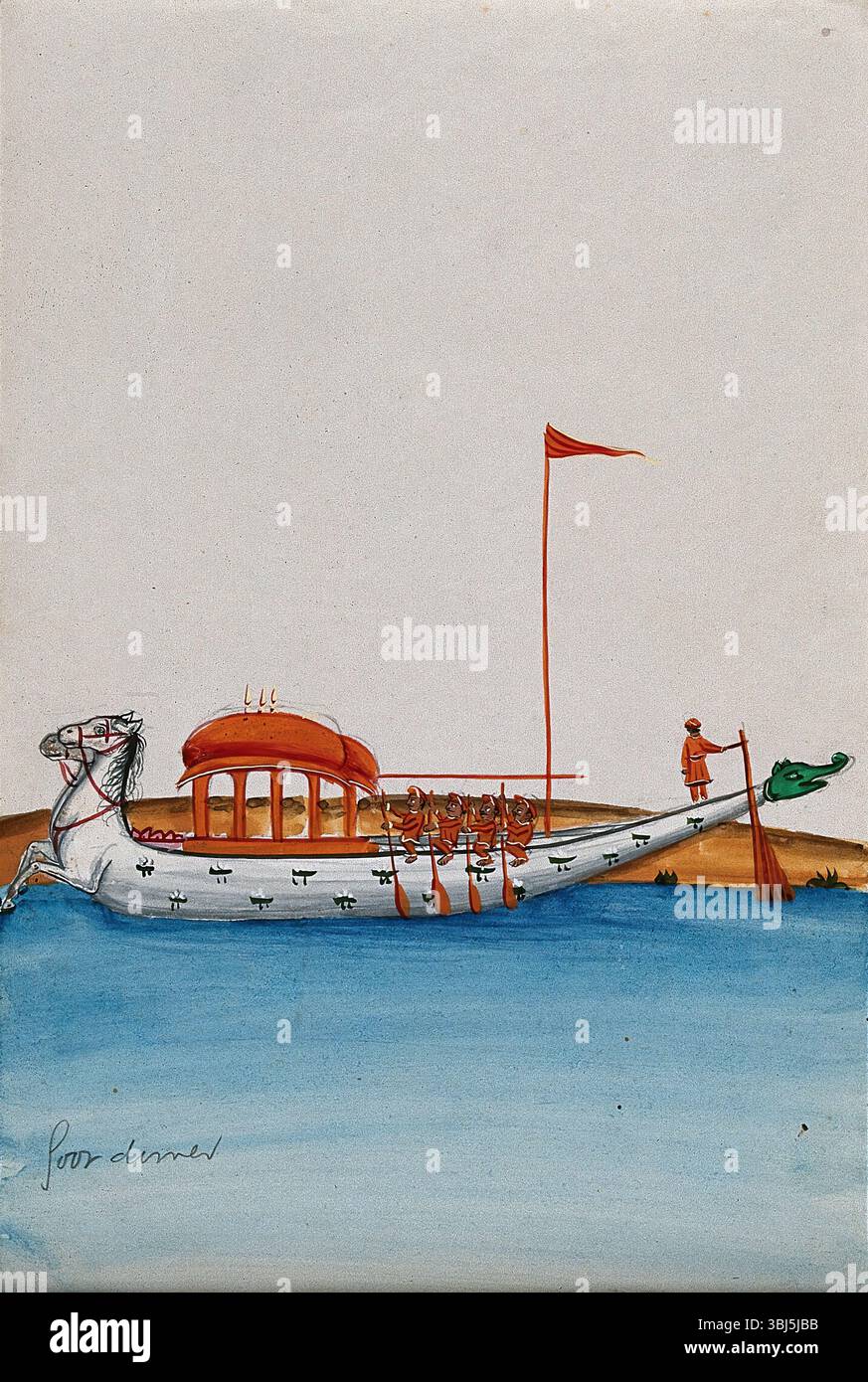 Quatre hommes rament un long bateau avec une canopée en dôme, en forme de deux chevaux à l'avant et une gueule de dragon à l'arrière, (entre 1800 et 1899 ?). Banque D'Images Quatre hommes rament un long bateau avec une canopée en dôme, en forme de deux chevaux à l'avant et une gueule de dragon à l'arrière, (entre 1800 et 1899 ?). Banque D'Images