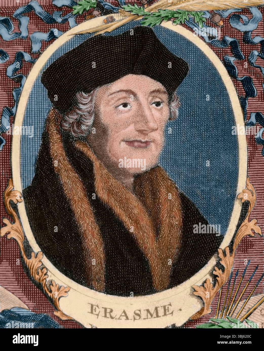 Erasmus de Rotterdam, (1713). Erasmus (1466-1536) était un auteur néerlandais, érudit, humaniste et rédacteur en chef du Nouveau Testament. (Impression colorée en noir et blanc). Banque D'Images