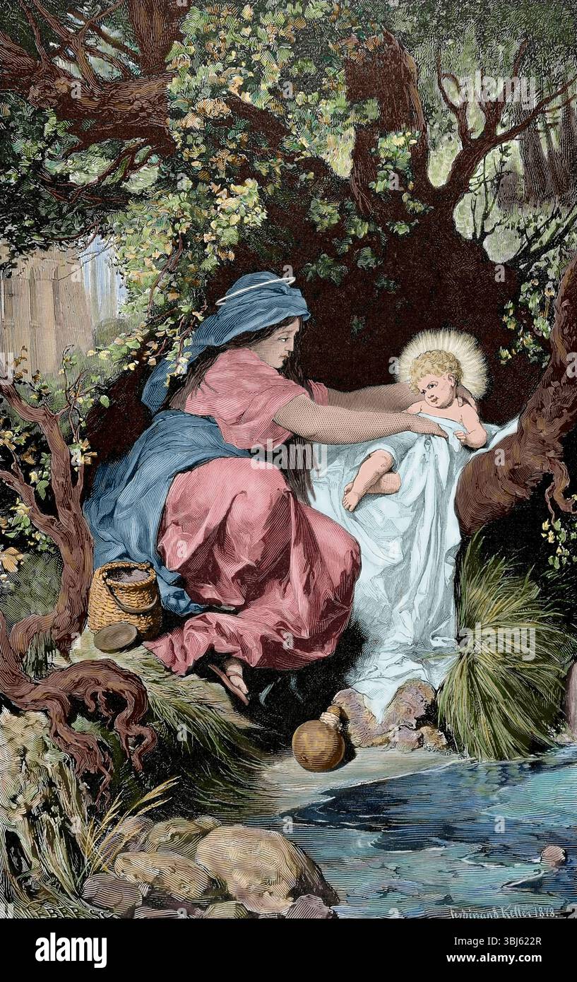 Fuite en Egypte - Nouveau Testament, 1879. La Vierge Marie et l'enfant Christ reposent sur le chemin. Extrait de "L'illustration artistique", 1879. (Impression colorée en noir et blanc). Banque D'Images
