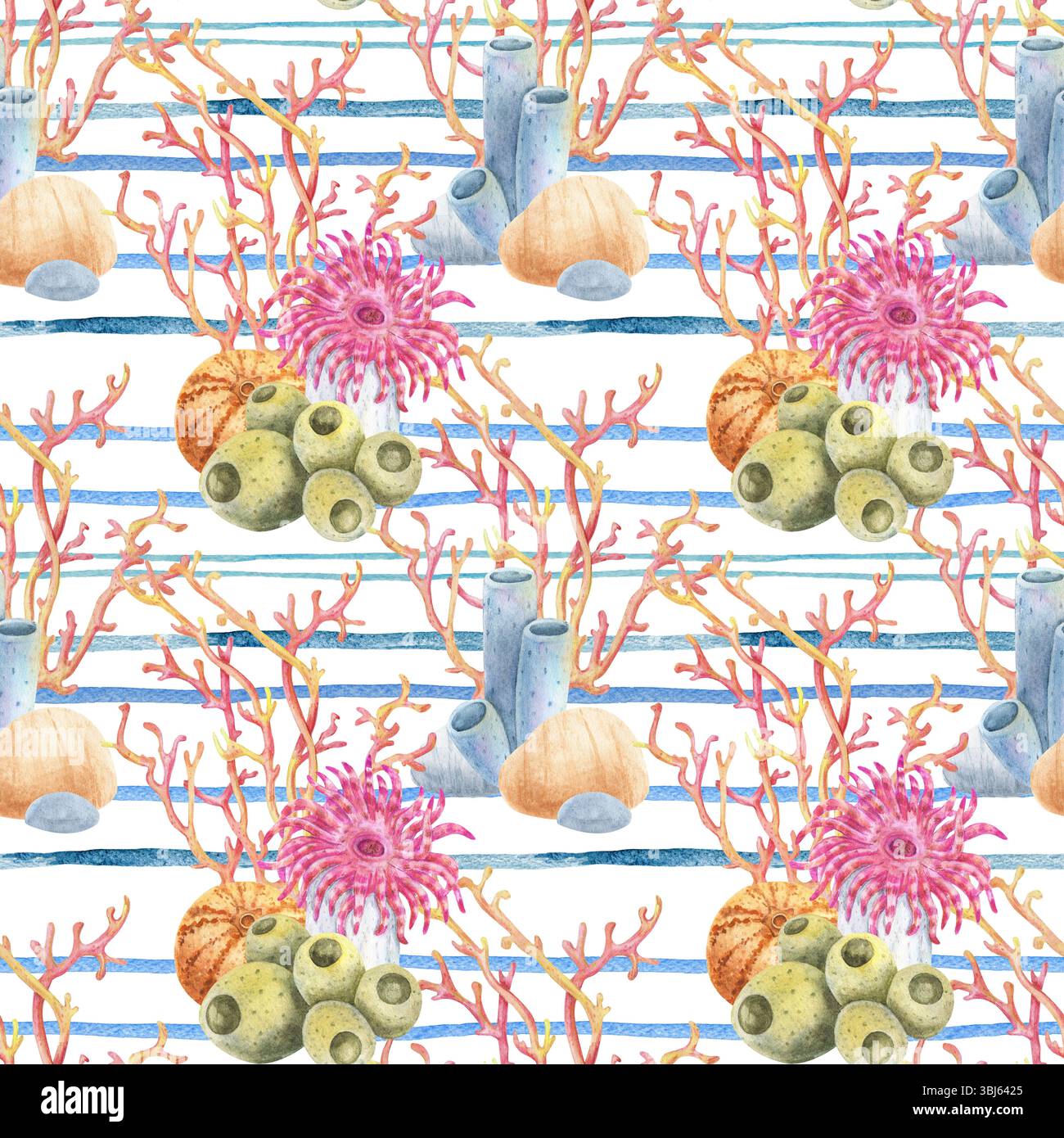 Motif aquarelle sans couture avec récif de corail et anémones de mer sur des rayures marines. Motif marin rayé, design été. Idéal pour les textiles d'été Banque D'Images