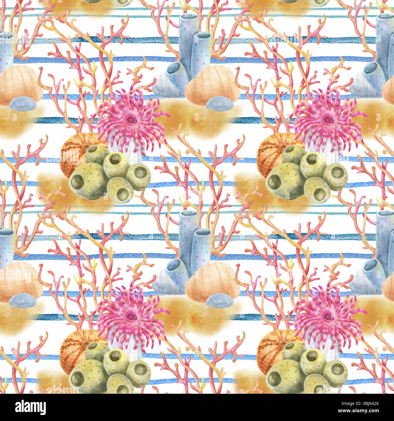 Motif aquarelle sans couture avec récif de corail et anémones de mer sur des rayures marines. Motif marin rayé, design été. Idéal pour les textiles d'été Banque D'Images