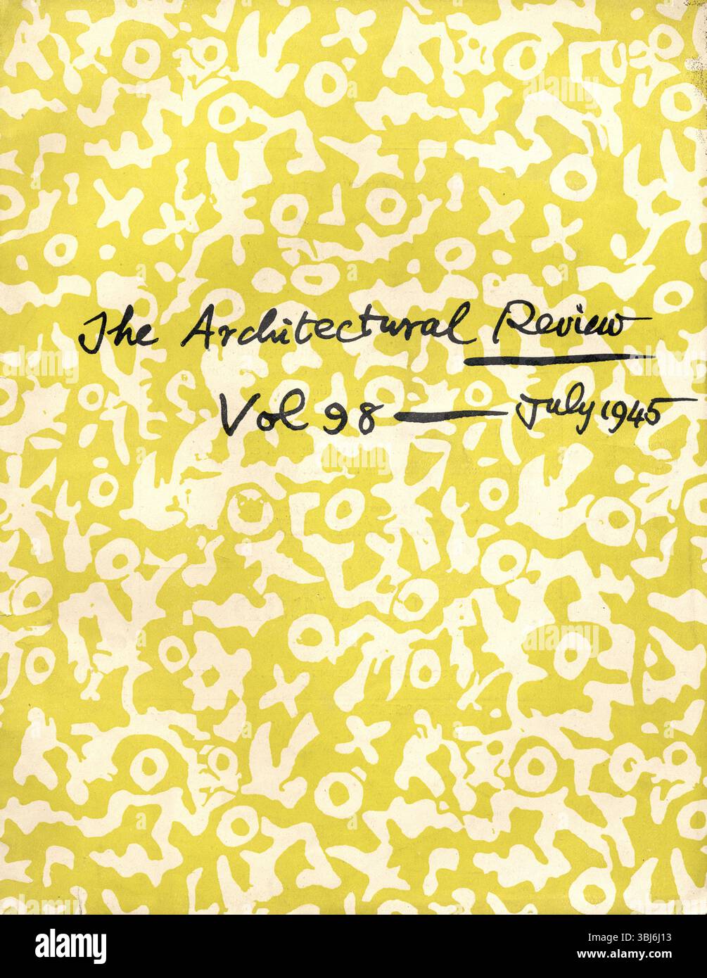 The architectural Review magazine vol 98, juillet 1945. Couverture de Graham Sutherland, un design de papier peint exposé à l'exposition de papier peint de 1945. Adresse de guerre The Avenue, Cheam, Surrey. Design d'après-guerre, abstrait, histoire sociale Banque D'Images