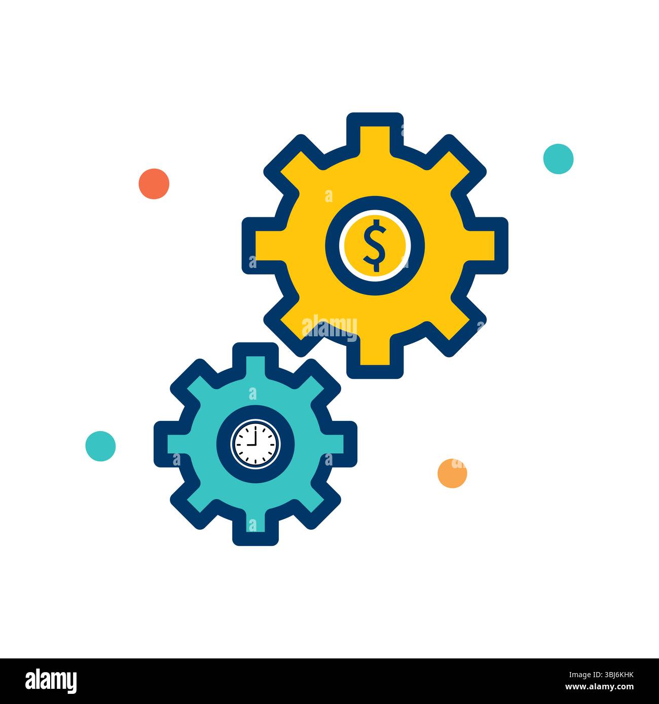 Gear jaune avec Dollar Sign interverrouillage avec Blue Clock Gear pour l'automatisation des finances Illustration de Vecteur
