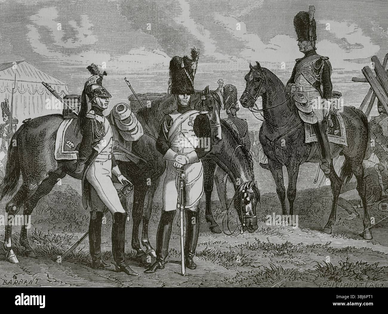 Histoire de France. Ère napoléonienne. Garde impériale : dragons, grenadiers montés et gendarme d'élite, vers 1810. Dessin de Philippoteaux. Gravure de Barbant. Histoire du Consulat et de l'Empire, par A. Thiers. Volume IV. publié à Barcelone, 1879. Banque D'Images