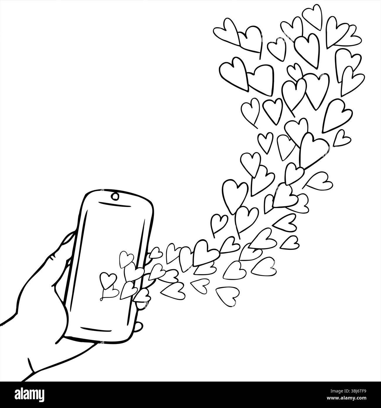 Main tenant smartphone avec des coeurs volants illustration vectorielle minimale noir et blanc. Exprimer ses sentiments en ligne. Pour les concepts de médias sociaux Illustration de Vecteur