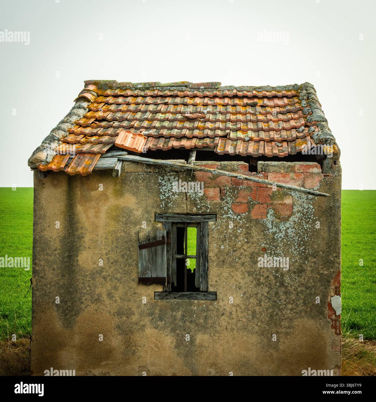 Une petite cabane en pierre abandonnée montre des signes d'usure, avec un toit en ruine et des briques apparentes. Puy de Dôme, Auvergne, France, Europe Banque D'Images