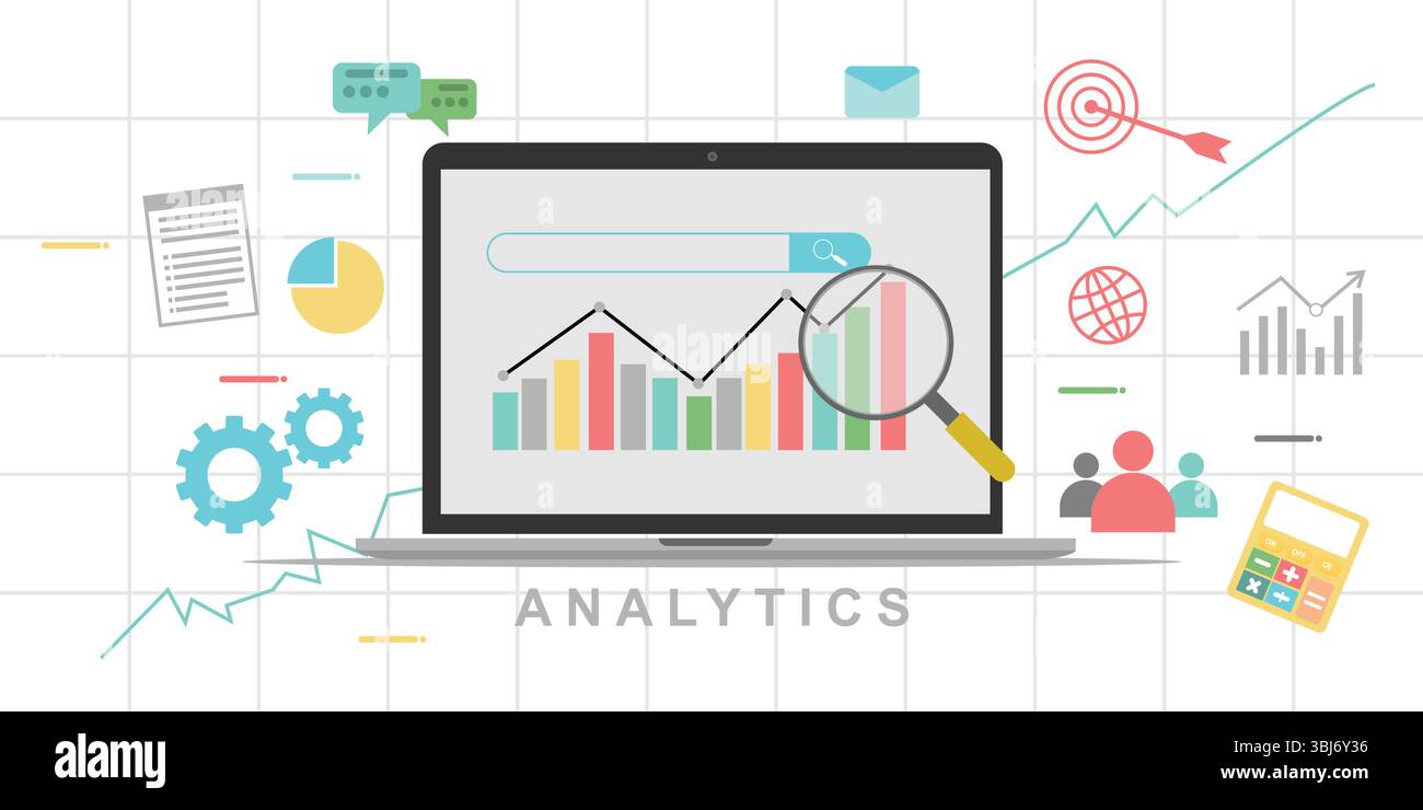 Analyse de données et concept de croissance de l'entreprise – illustration graphique et loupe sur ordinateur portable Illustration de Vecteur
