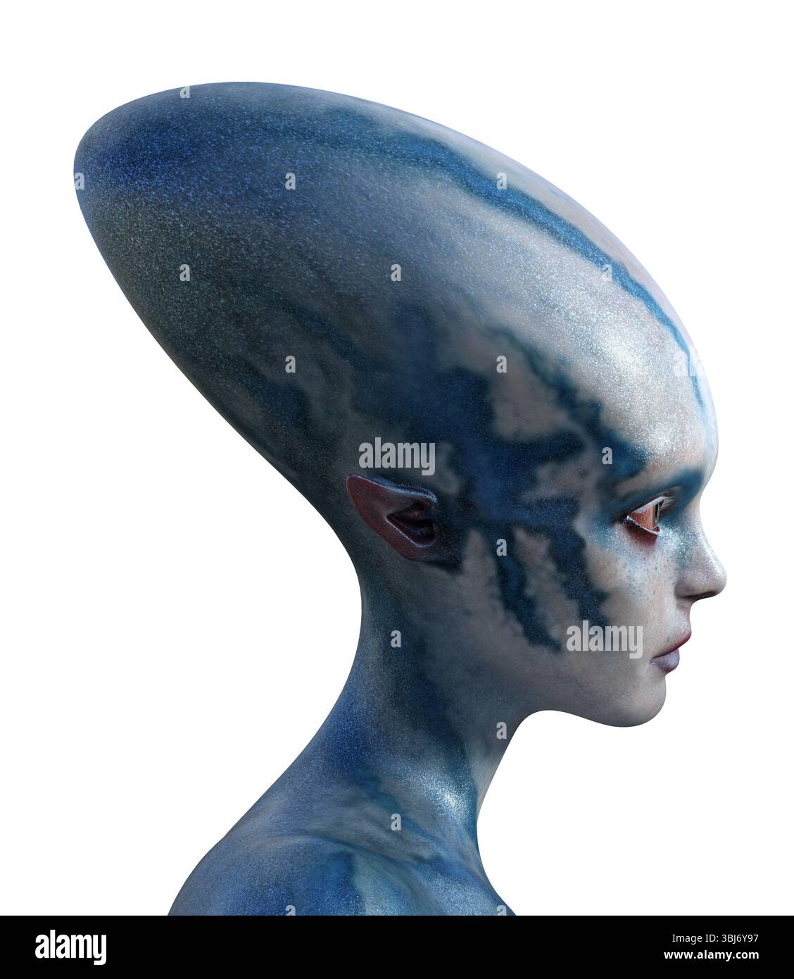 illustration 3d d'une femme extraterrestre avec une vue latérale de crâne allongée exagérée sur un fond blanc. Banque D'Images