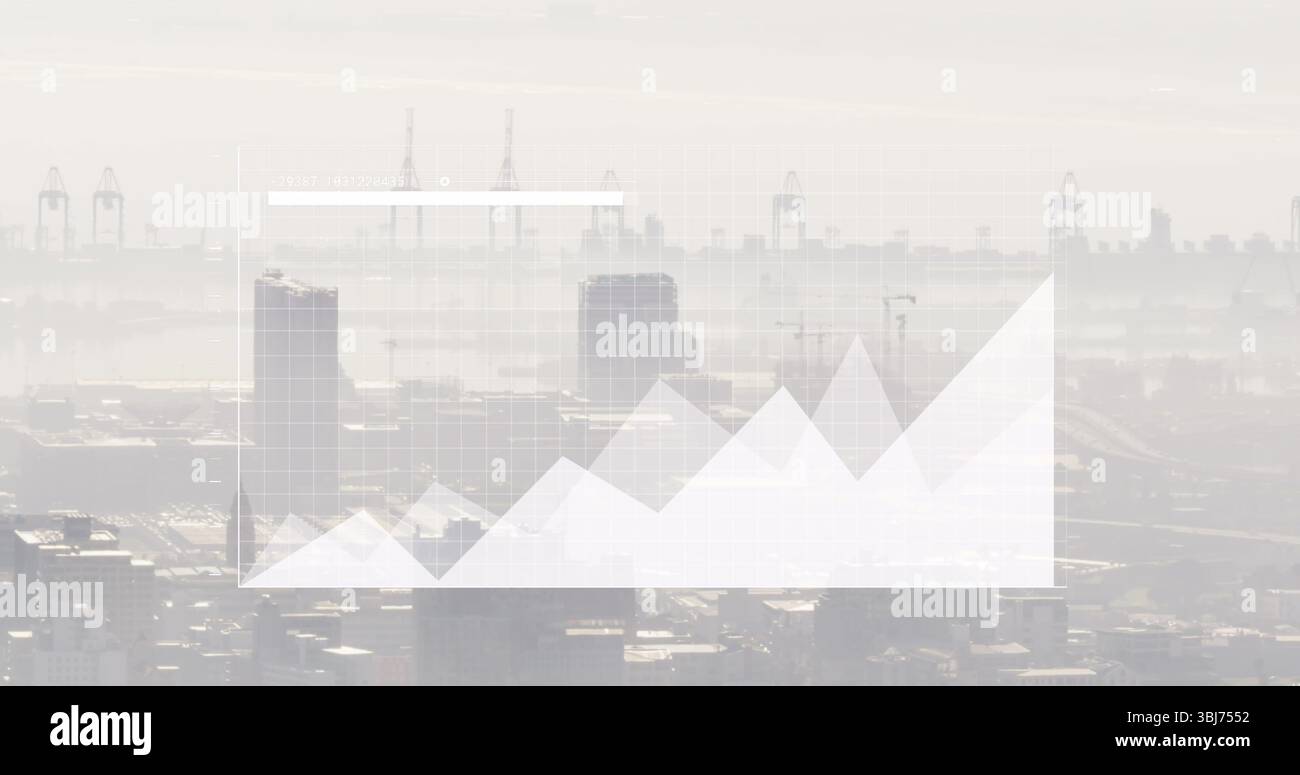 Affichage d'une carte blanche superposée sur l'horizon urbain dans la brume matinale, avec les axes de la grille, les pics et les vallées Banque D'Images